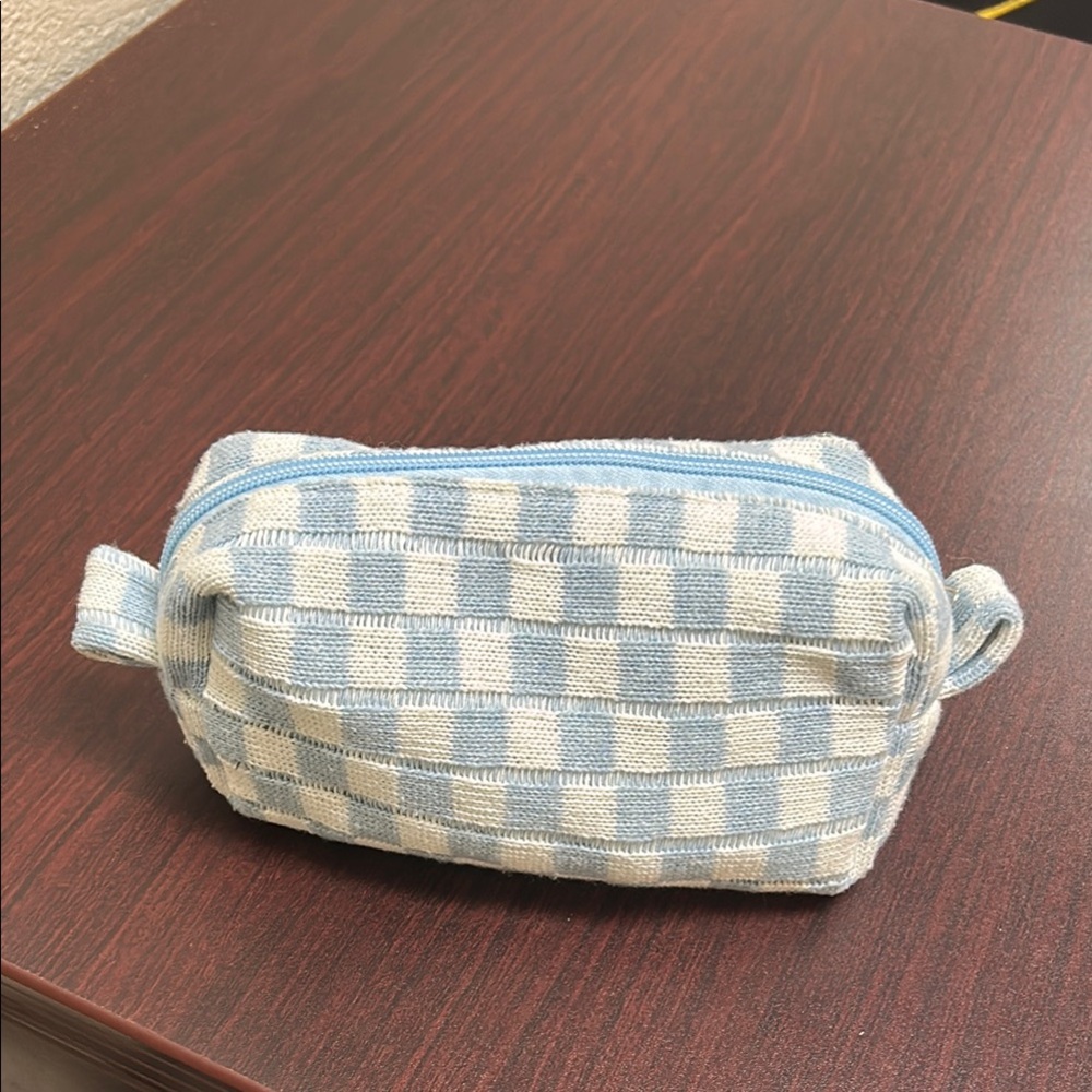 Blue and White Checkered Cosmetic Bag